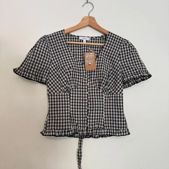 Rihoas Black Plaid V Neck Ruffle Blouse - Picture 8 of 9